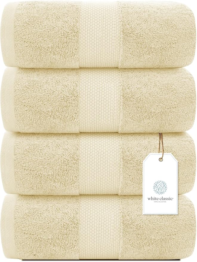White Classic Luxury Bath Towels Set of 4 Large - 700 GSM Cotton Ultra Soft Bath Towels 27x54 | Highly Absorbent and Quick Dry | Hotel Towels for Bathroom Luxury, Plush Shower Towels, Beige