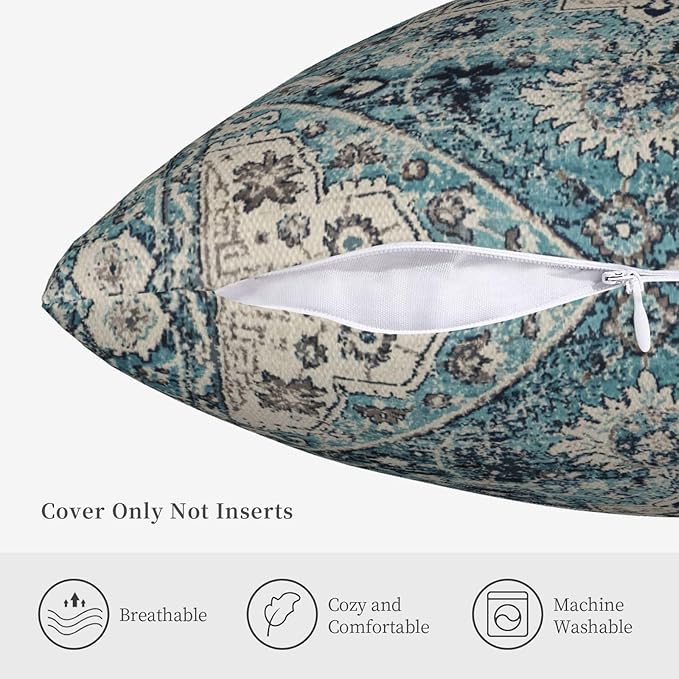 Boho Pillow Covers 18X18 Inch Set of 2 Bohemian Vintage Throw Pillow Covers Blue Carpet Pattern Cushion Cases Farmhouse Decorative Outdoor Pillow Covers for Couch Home Sofa Living Room