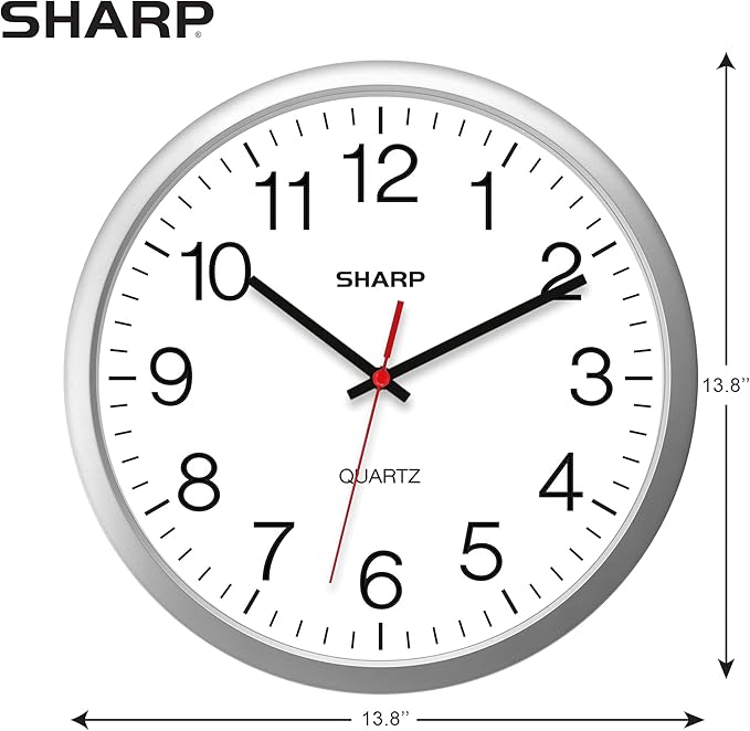 Sharp Wall Clock – Silver, Silent Non Ticking 14 Inch Quality Quartz Battery Operated Round Easy to Read Home/Kitchen/Office/Classroom/School Clocks, Sweep Movement