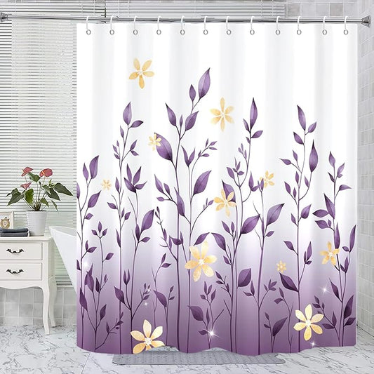 Eucalyptus Shower Curtain, Ombre Floral Leaves Plant Washable Fabric Bath Decor with 12 Hooks 72x72 inches, Lavender
