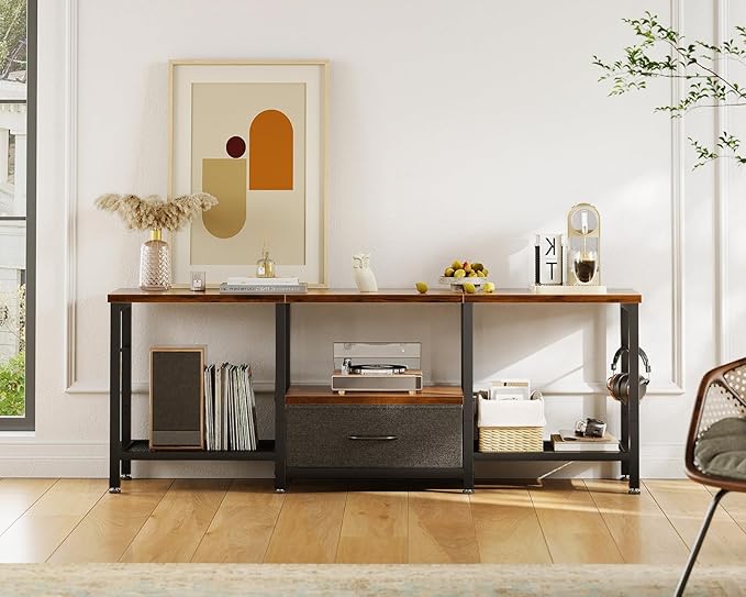 Casaottima 47" TV Stand with Open Storage Shelves up to 55 Inch TVs, Entertainment Center with Fabric Drawers, TV Console Table with Soundbar Shelf TV Stand for Living Room Bedroom, Vintage and Black