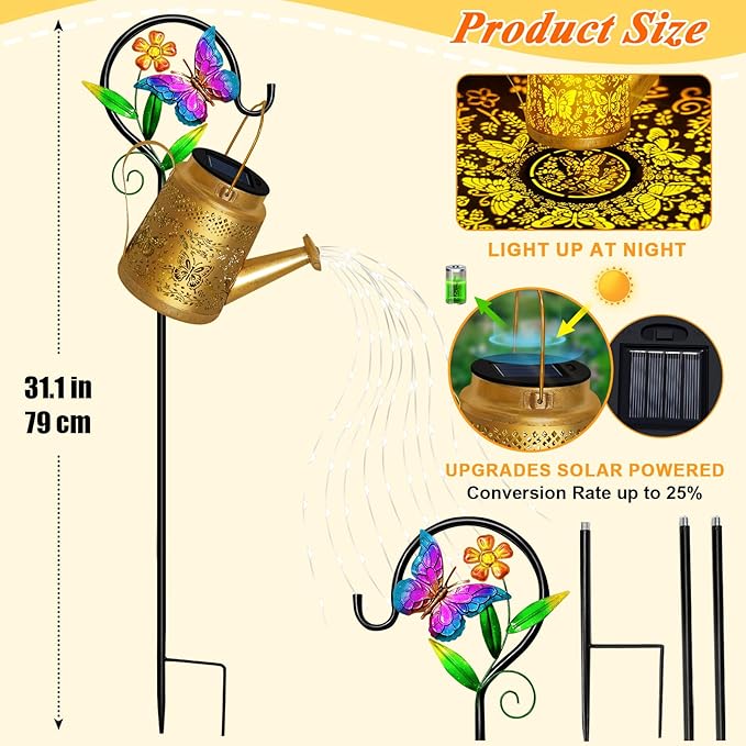 Butterfly Solar Watering Can Lights, Outdoor Waterproof Garden Lanterns with Shepherd Hook, Solar Garden Decor for Yard Outdoor Landscape Pathway Porch Patio, Gift for Women Mom Grandma, 2 Pack