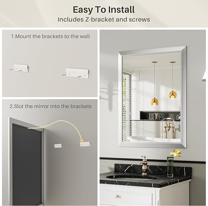 24x36 Inch Silver Bathroom Mirror for Wall, Thick Metal Framed Rectangle Mirrors for Over Sink, Bedroom, Living Room, Entryway, Anti-Rust, HD Tempered Glass