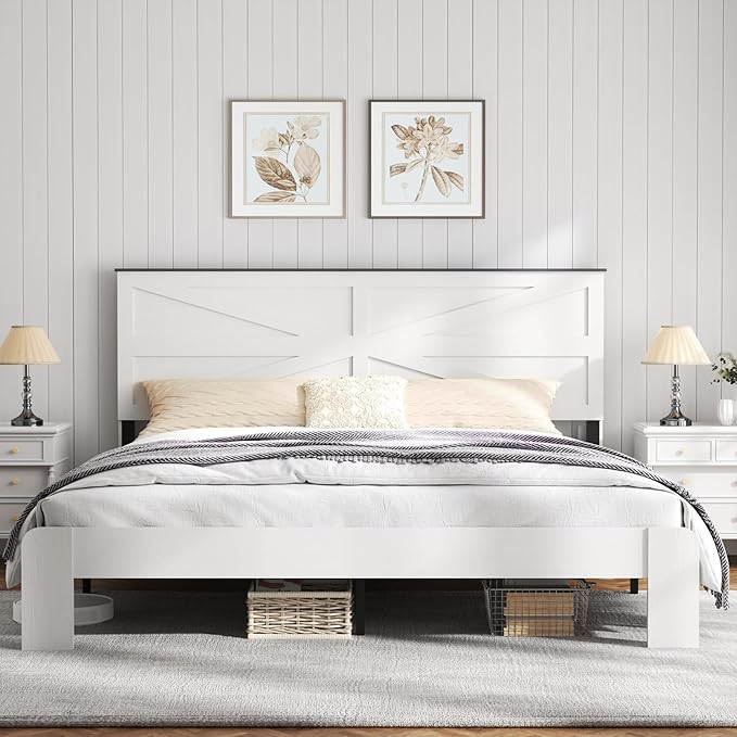 Wooden Bed Frame King Size with Headboard, Farmhouse Platform Bedframe with Wood Slat Support, Sturdy Framework Bed Frame, Easy Assembly (Rustic White)