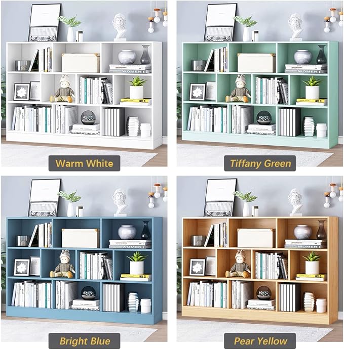 IOTXY Open Shelf Low Bookcase - Wooden 3-Tier Floor Standing Display Cabinet Organizer with Base, 10 Cubes Short Horizontal Bookshelf in Bright Blue