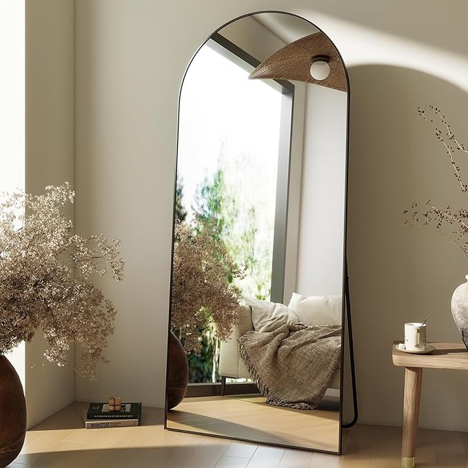 HARRITPURE 64"x21" Arched Full Length Mirror Free Standing Leaning Wall-Mounted Mirror Aluminum Frame Modern Mirrors for Living Room Bedroom Cloakroom, Black