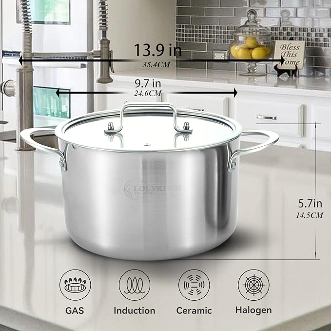 LOLYKITCH Tri-Ply Stainless Steel 5 QT Stock Pot with Lid, Induction Cooking Pot,Soup Pot,Compatible with All Stoves,Oven and Dishwasher safe.