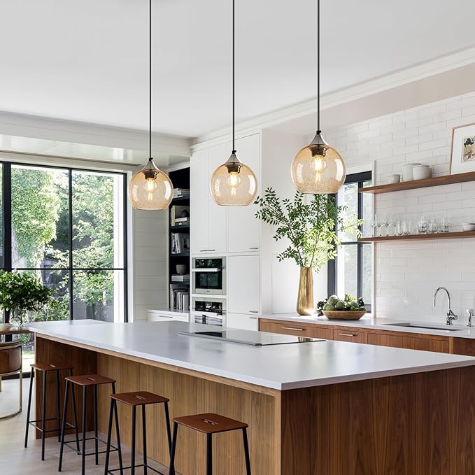 Light Brown Glass Pendant Lights Kitchen Island Globe Pendant Light Fixtures Modern Pendant Lighting for Bedroom Living Dining Room Light Fixture (5.9 in, 3 Pack)