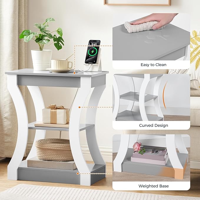 End Table with Charging Station, Set of 2, Side Table with USB Ports and Outlets, 3 Tier Nightstand with Storage Shelf for Small Spaces, Living Room, Bedroom, Grey ETSW53E01S2