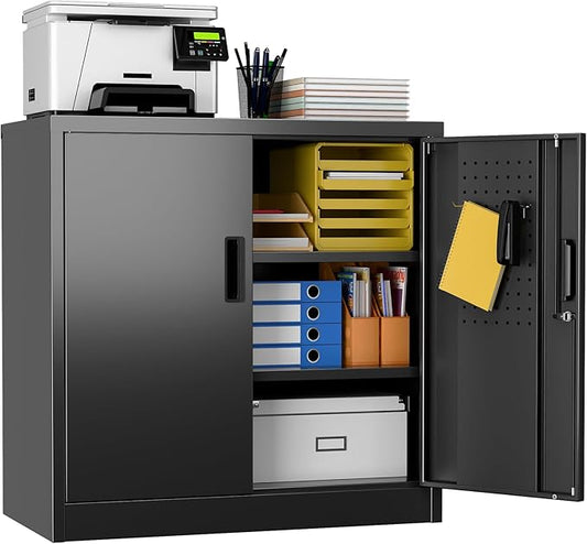 Aobabo 31.5" H Metal Storage Cabinet with 2 Shelves, Steel Lockable Cabinet with 4 Hooks for Home Office Garage, Black, Assembly Required