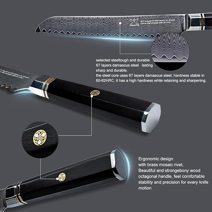 8" Serrated Bread Knife, Made of 67 Layers Damascus w/Octago Indonesian Ebony Handle Professional Cuts Thick Loaves Effortlessly have Razor Sharp and Superb Edge Retention