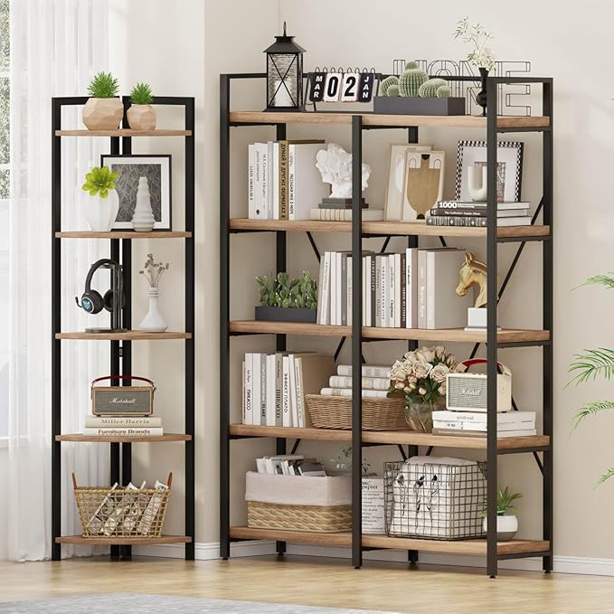 FATORRI Tall Corner Shelf, Industrial Corner Bookshelf, Wood and Metal Corner Shelf Stand for Living Room, Rustic Display Plant Stand for Home Office (Rustic Oak)