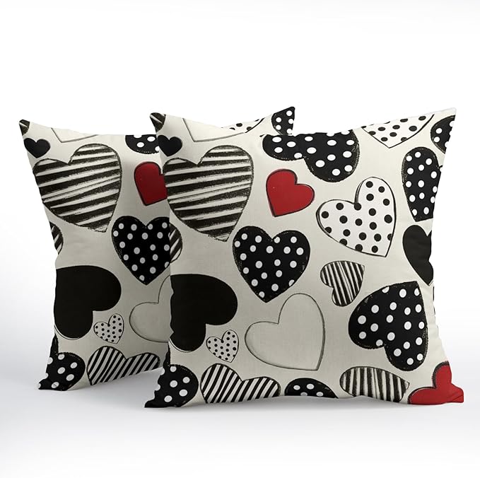 Kawani Valentines Day Pillow Covers 20x20 Inch Black and White Heart Outdoor Decorative Throw Pillow Covers Set of 2 Valentine's Day Pillowcases Farmhouse Cushion Covers for Couch Sofa Decor
