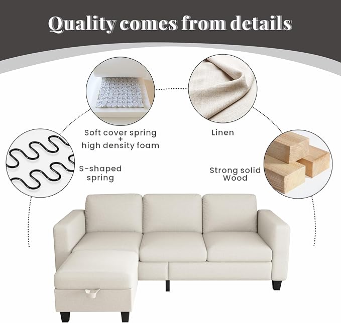 Sectional Sofa Couches for Living Room - L Shaped Cloud Couch-Small Modular 3 Seat-Comfy Linen with Storage Deep Seat Sofa,Washable Covers-Suitable for Living Room-Apartment-Office-Beige