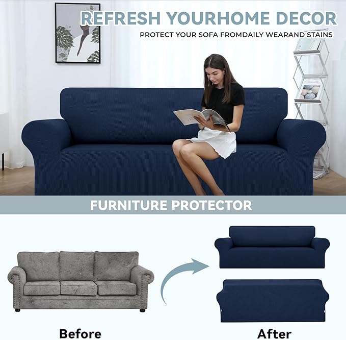 LURKA Stretch Sofa Slipcovers 1 Piece Couch Covers for 3 Cushion Couch Sofa Furniture Protector Full Sofa Covers with Elastic Bottom for Kids and Dog (Large, Navy)