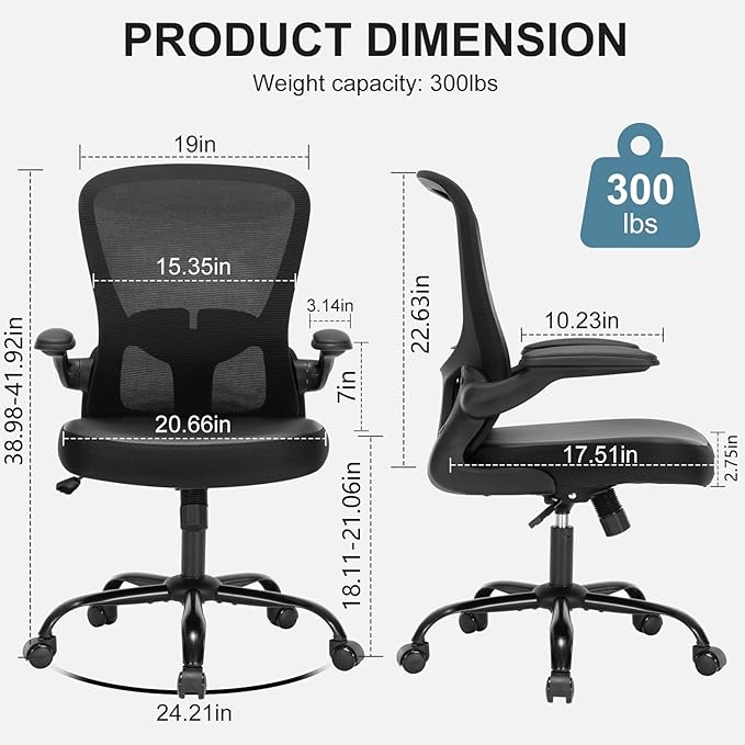 Office Chair, Ergonomic Desk Chair with Flip-up Armrests, PU Leather Computer Chair Home Office Desk Chairs with Lumbar Support, Mesh Swivel Executive Chair Rolling Task Chair, Black