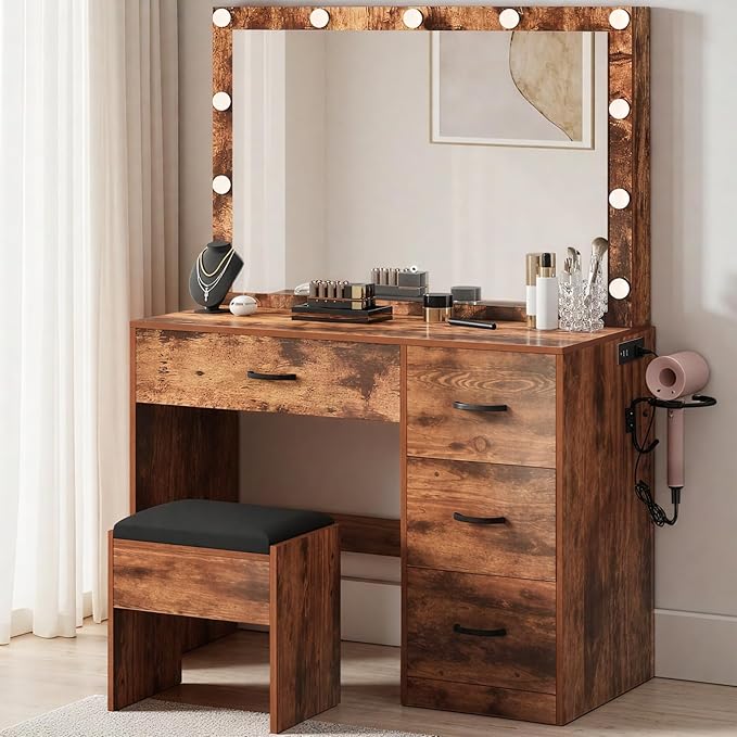 YITAHOME Vanity Desk with Mirror and Lights, Makeup Vanity Set for Dressing Room, Makeup Table with Power Outlets & Cushioned Stool, 11 LED Bulbs