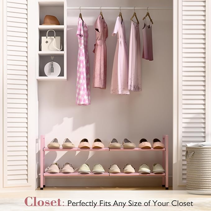 Bumusty 2-Tier Expandable Shoe Rack for Closet, 18“-33” Adjustable Shoe Rack for Small Space, Small Shoe Organizer for Front Door, Sturdy Metal, Pink