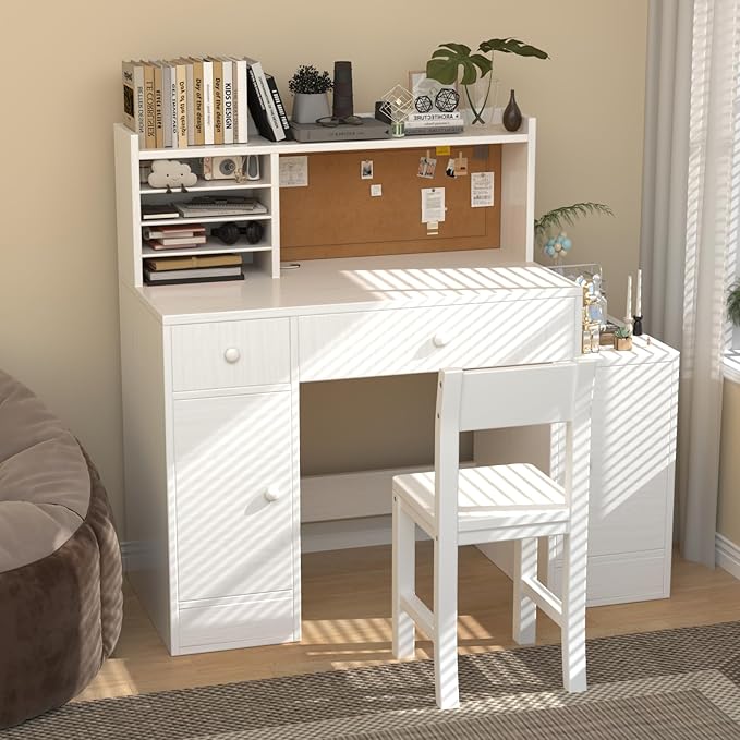 Wooden Kids Desk and Chair Set, 2 Drawers and 4 Storage Cabinets, Children Study Desk with Hutch and Shelves, Boys & Girls Study Desks for Kids Bedroom (White)