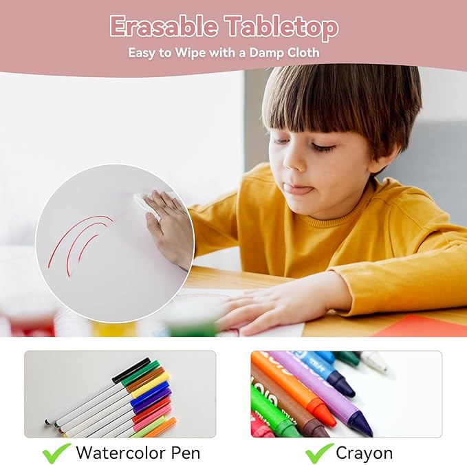 Kids Table and 2 Chairs Set, Height-Adjustable Toddler Table and Chair Set with Graffiti Desktop, 31.5''L x 23.6''W Children Activity Table for Daycare, Classroom, Home