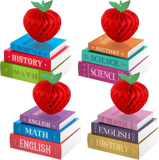 4 Sets Back to School Tables Centerpieces Honeycomb Apple and Paper Book Stack Sign First Day of School Table Centerpiece Back to School Decor for Home Classroom