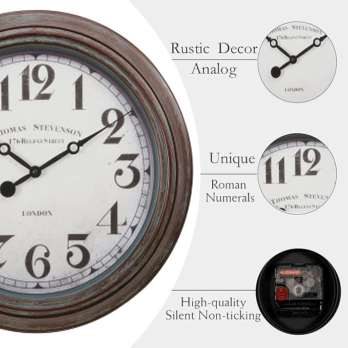 20 Inch Retro Farmhouse Wall Clock, Vintage Silent Non-Ticking, Battery Operated Decorative Clock for Living Room, Kitchen, Bedroom, Office and Home Decor, Bronze White Arabic Number