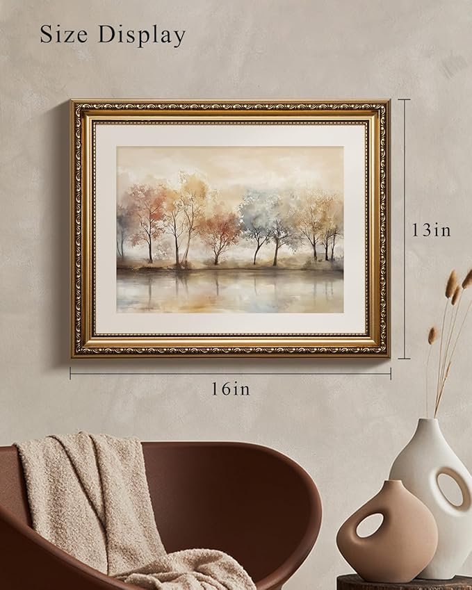 VIYYIEA Vintage Gold Framed Wall Art for Living Room, Colorful Tree Artwork Prints Decor, Watercolor Wall Decor, Gallery Picture Painting, for Bedroom Bathroom Kitchen 16L x 13W