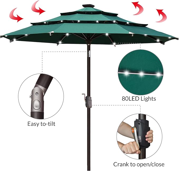 EliteShade USA 10-Year-Non-Fading Solar 9ft 3 Tiers Market Umbrella with 80 LED Lights Patio Umbrellas Outdoor Table with Ventilation,Forest Green