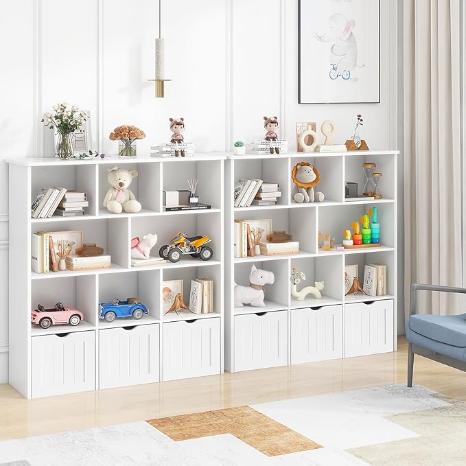 Toy Storage Organizer with Bookshelf, Large Toy Organizers and 3 Movable Drawers with Hidden Wheels and 8 Storage Cubbies, Kids Bookshelf and Toy Storage Chest, Playroom Furniture, White