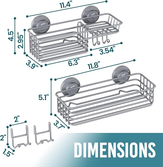 TAILI Shower Caddy Suction Cup 2 Pack with Hooks & Soap holder, Heavy Duty Shower Organizer for Bathroom, No Drilling Bathroom Organizer with Large Capacity, Metal Storage Basket-Grey