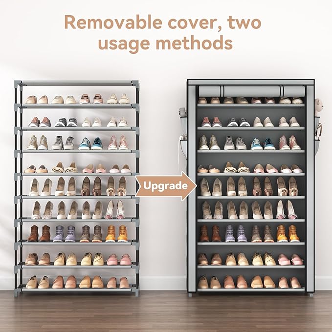 Shoe Rack with Covers 10 Tier Tall Shoe Rack Organizer Large Capacity Shoe Shelf Storage 40 Pairs Space Saving Free Standing Shoe Storage Organizer for Closet, Entryway, Dorm, Grey