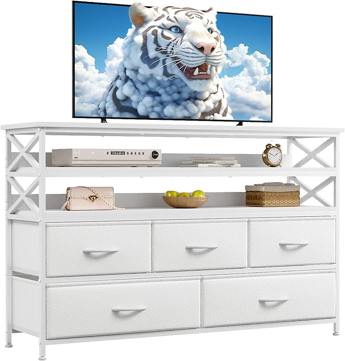 White Dresser TV Stand for 50" TV, Sturdy Dresser for Bedroom with 5 Fabric Drawers and Wood Open Shelves, Chest of Drawers Storage Dressers for Entryway, Closet, 11.8" D x 39.4" W x 38.4" H