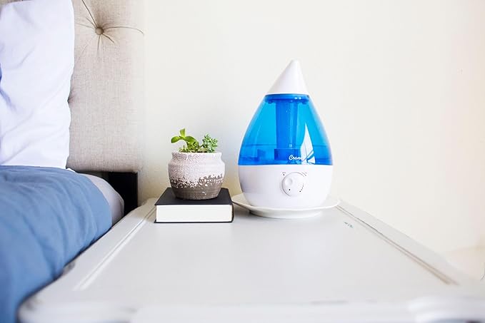 Crane Ultrasonic Cool Mist Teardrop Humidifier for Baby Nursery, Bedroom, Office, Large Room, Adjustable Humidity, Auto Shut-Off, Easy Clean Blue & White 1 Gallon
