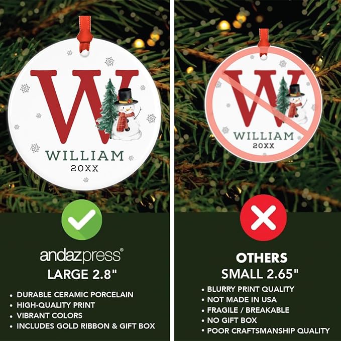 Andaz Press Personalized Christmas Ornament, Custom Name, Initial W Monogram Snowman 2.8" Ceramic Porcelain 2025 Christmas Ornament Keepsake for Kids, Boys, Girls, Initial Ornaments, 1-Pack