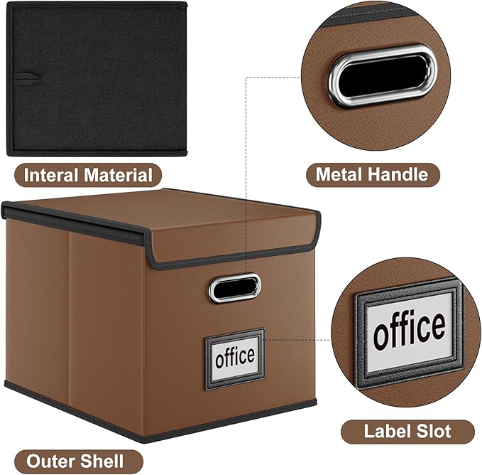 Huolewa Portable Leather File Organizer Boxes with Lids, Office Document Boxes Organizer, Filing Boxes, Decorative Small File Boxes for Hanging Files with Plastic Slide for Office/Decor/Home