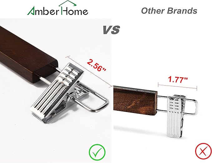 Amber Home 10 Pack 14.17" Solid Walnut Wooden Pant Skirt Hangers, Bottom Hangers for Slacks Trousers Jeans with 2-Adjustable Anti-Rust Clips (Walnut, 10 Pack)