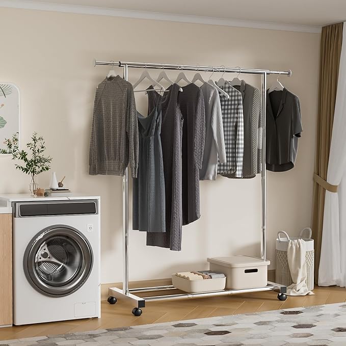 Clothing Rack for Hanging Clothes, Stainless Steels Rolling Clothes Rack, Coat Rack, Garment Rack, Portable Closet Rack, Free Standing Clothes Rack with Wheels, Adjustable Length