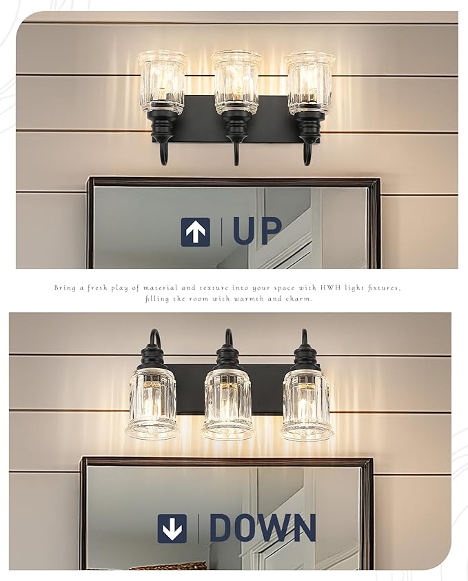 HWH INVESTMENT Bathroom Light Fixtures, 3-Light Matte Black Vanity Light, 18 Inch Wall Sconces with Bell-Shaped Clear Glass, Bathroom Wall Lights for Mirror Bedroom Hallway, 5HZG106B-3W BK