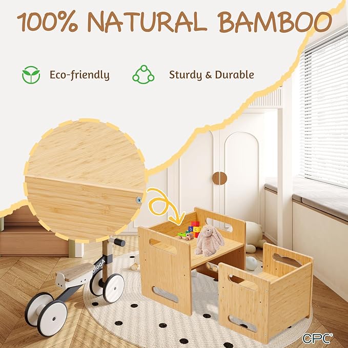 Montessori Table and Chair Set,Bamboo Wood Weaning Table and Chair Set,Kids Montessori Furniture for Reading,Dining,Playing