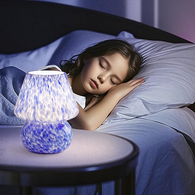Mushroom Table Lamp, Ocean Blue Translucent Glass - Cute Mid-Century Modern Bedside Light, Nightstand Lamp for Bedroom & Living Room - Nordic Coastal Aesthetic Home Decor with Sleek Design
