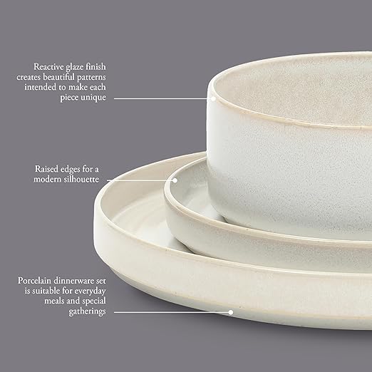 Gibson Elite Echo Bay 12 Piece Porcelain Reactive Glaze (Service for 4) Ceramic Plates and Bowls Modern Stackable Dinnerware Set - White