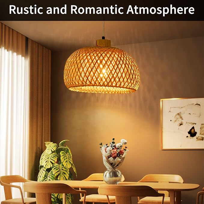 Bamboo Pendant Light, 11.8inch Hand-Woven Natural Wicker Rattan Bamboo Lamp, Beige Boho Hanging Chandelier, Rustic Island Dining Ceiling Light for Living Room, Kitchen, Farmhouse, Bedroom