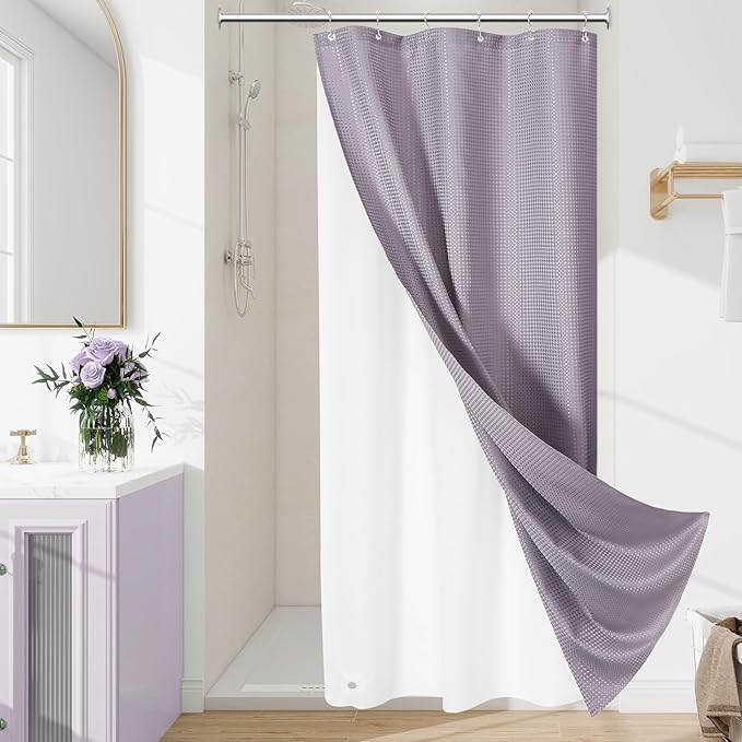 3 in 1 Stall Half Size Purple Shower Curtain Set-36 W x 72 H, Lavender Waffle Waterproof Fabric and PEVA Liner Set with Stainless Steel Hooks