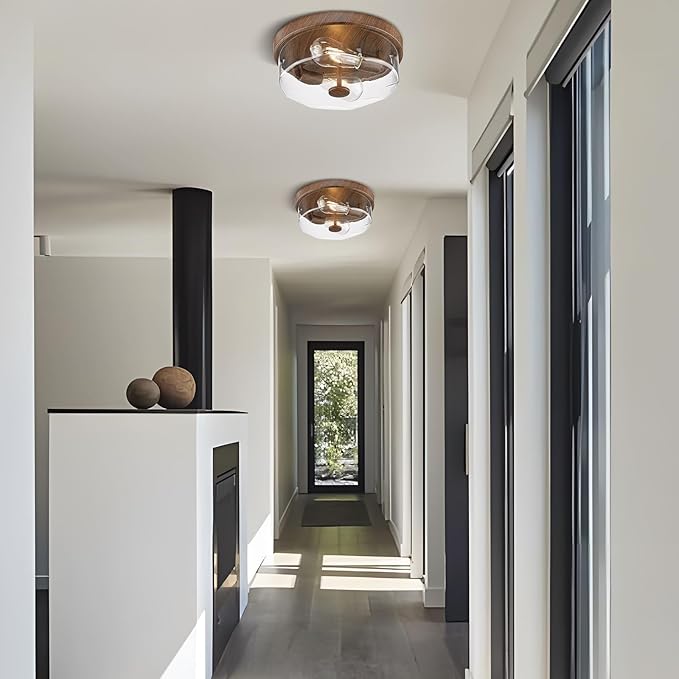 Flush Mount Ceiling Light with Clear Glass Shade, 2-Light Indoor Outdoor Farmhouse Lighting Flush Mount Lights for Kitchen Bedroom Porch Living Dining Room (Wood)