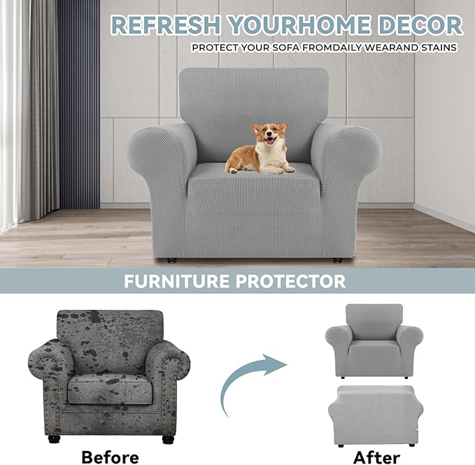 LURKA Stretch Chair Sofa Slipcovers 1 Piece Couch Covers for Sofa Furniture Protector Full Sofa Covers with Elastic Bottom for Kids and Dog (Small, Sliver)