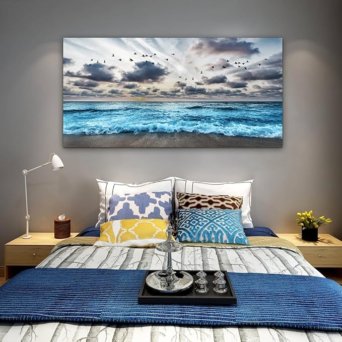MHARTK66 Black And White Beach Wall Painting - Canvas Wall Art For Living Room, Bedroom, Office - Blue Sea Wave Pictures - Modern Hotel Room Home Decor - 20x40 In