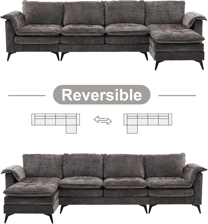 VINGLI 129” Oversized L-Shaped Cloud Sectional Sofa, Memory Foam Couch with Reversible Chaise Lounge, Comfy Couch with Double-Layer Deep Seat Cushions, Modern Sofa for Living Room, Chenille, Grey