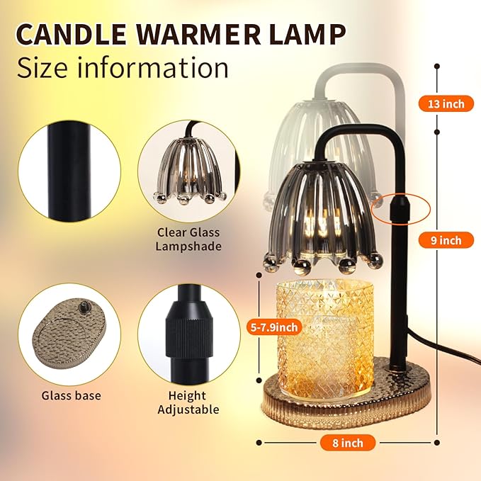 Candle Warmer Lamp with Timer: Adjustable Height and 4 Dimmer, Crystal Glass Base, Heater Wax Warmer for Jar Scented, Home Décor and Housewarming & Birthday Gift for Mom Woman, 2 Bulbs (Crown Grey)