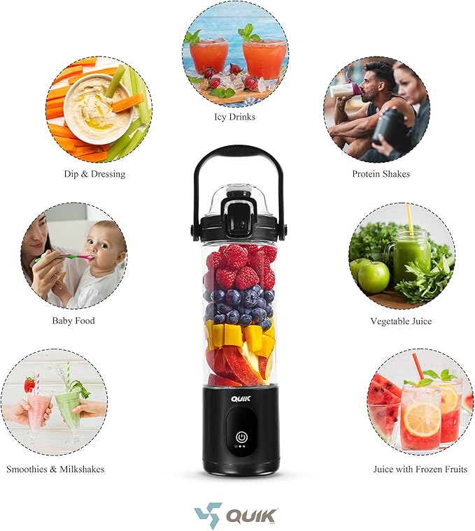 Portable Blender - Cordless 24oz. Personal Blender for Shakes and Smoothies, Licuadora, BPA Free - Ice Crush, Dishwasher safe parts, Waterproof, Triple Batteries, Juicer Cup, Black