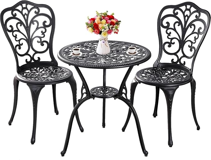 Outdoor Bistro Set 3 Piece Patio Bistro Set, Cast Aluminum Bistro Table and Chairs Set of 2, Small Patio Table Set for Porch, Black
